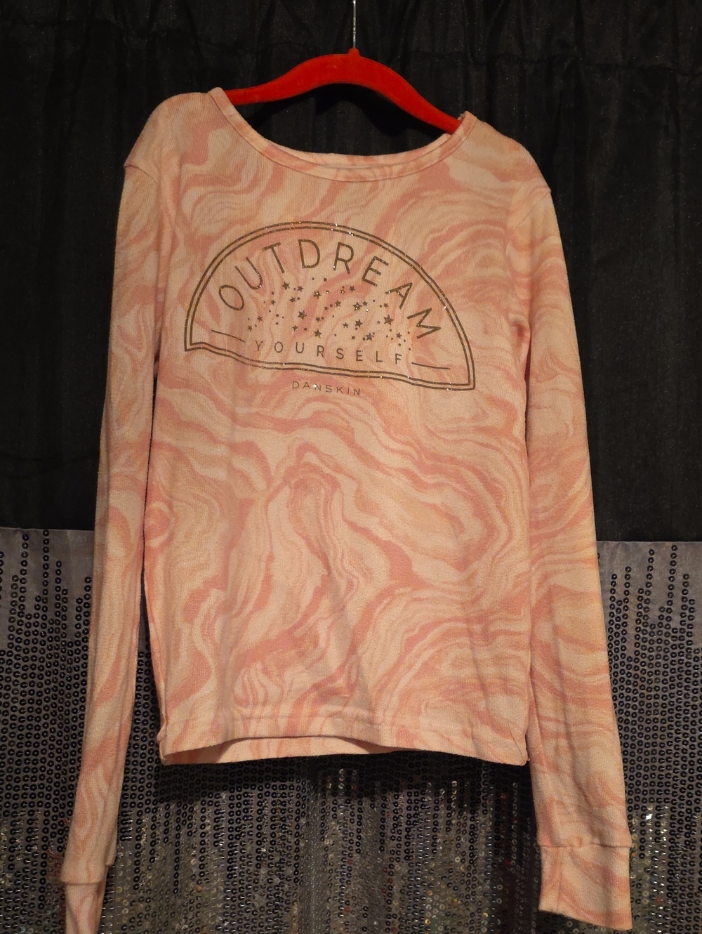 Danskin Pink Marble-Print Long Sleeve Top with Gold Graphic